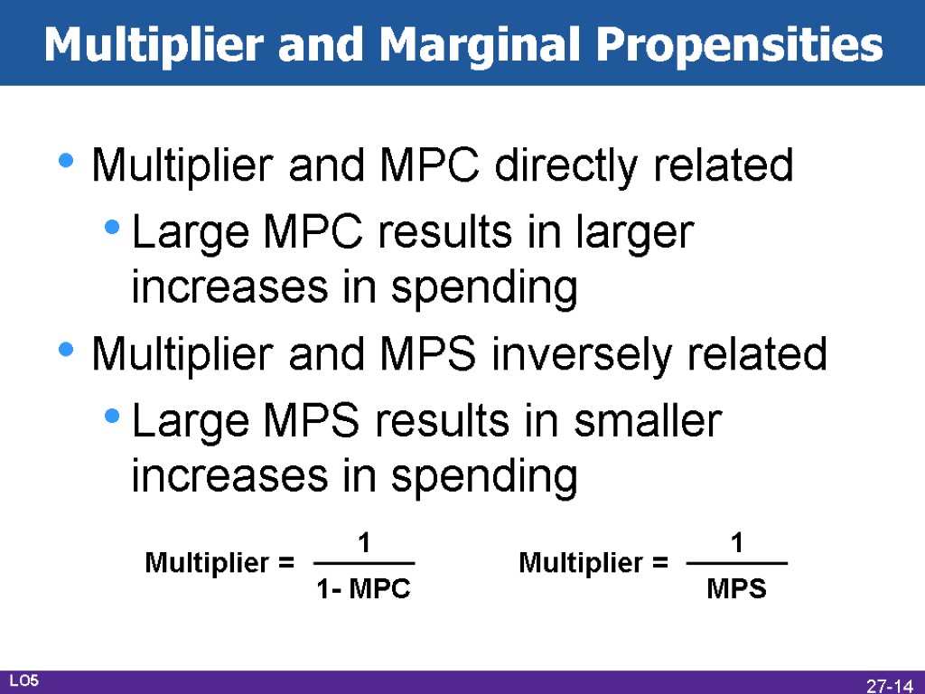 Multiplier and Marginal Propensities Multiplier and MPC directly related Large MPC results in larger